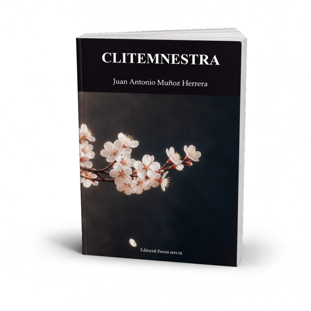 Mockup de Clitemnestra, de Juan Antonio Muñoz Herrera (vista frontal con las páginas entreabiertas)