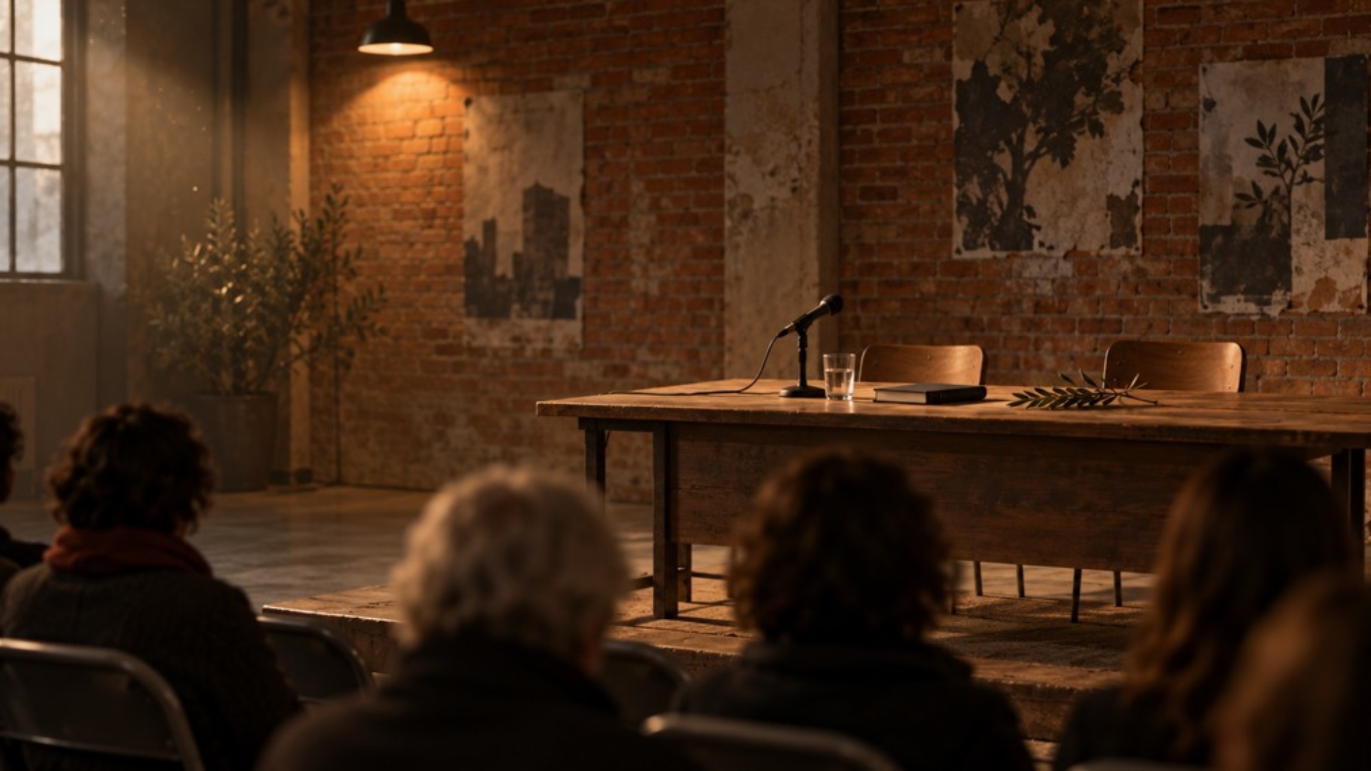 Mesa de presentación con un libro y una rama de olivo ante el público
