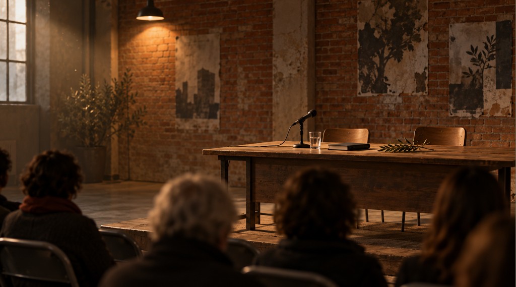 Mesa de presentación con un libro y una rama de olivo ante el público