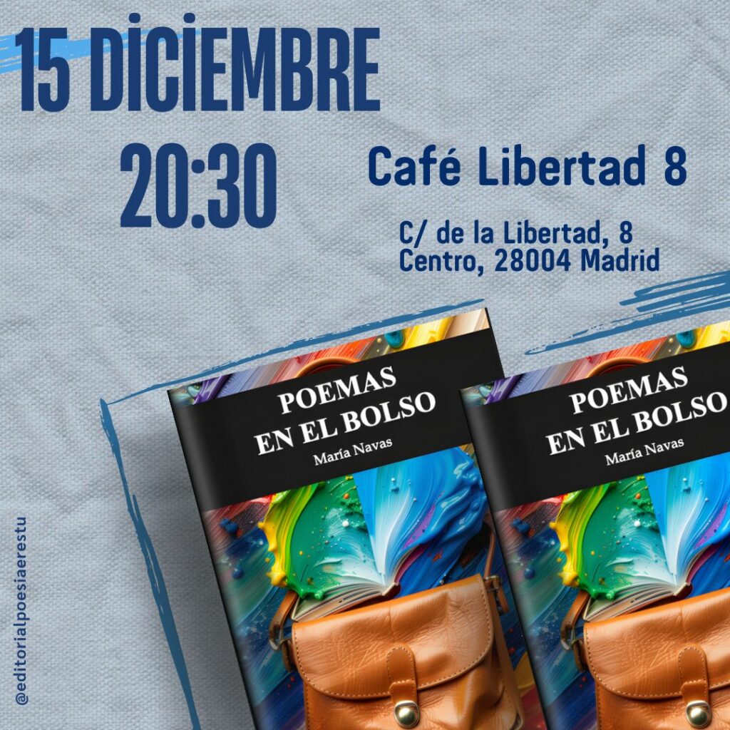 Presentación del poemario Poemas en el bolso de María Navas en el Café Libertad 8: viaje poético del duelo femenino y el desarraigo entre el sur y el norte de España.