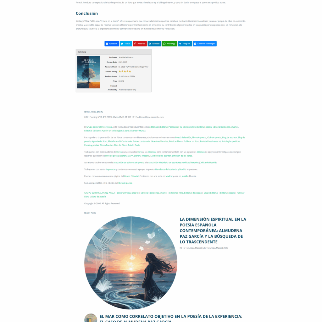 Crítica literaría aparecida en la Revista Poesía eres tú sobre el libro El Cielo en la tierra de Santiago Villar Pallás